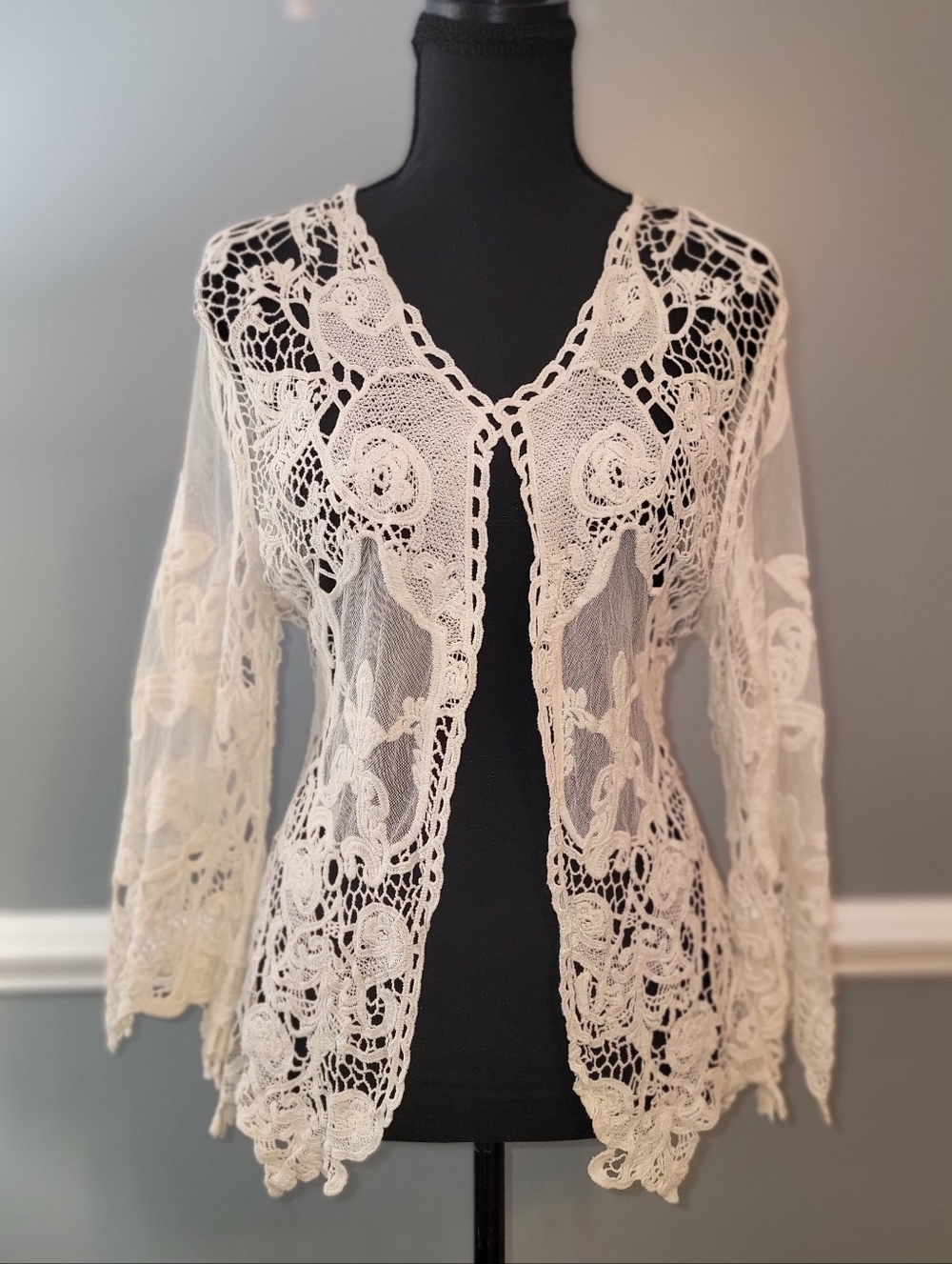 Mirror Image Ivory Crochet Lace Open Cardigan